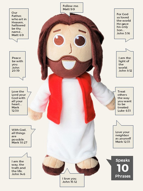 The Talking Jesus Doll - The Plush Jesus Doll that speaks 10 Bible Verses of Jesus.  A boys and girls gift idea for Easter, Baptisms, Birthdays and Christmas. 